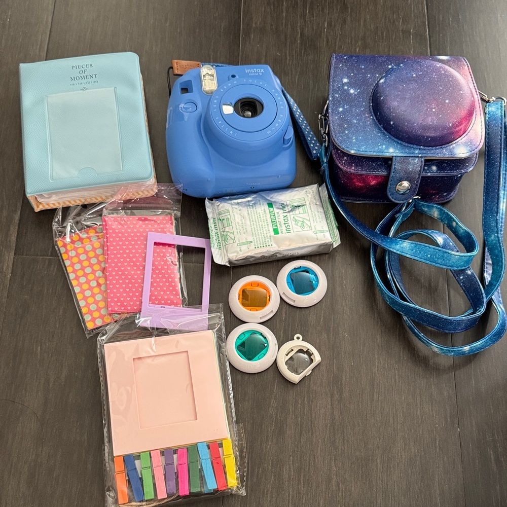 Fujifilm Blue Instax Mini 9 Camera with Galaxy Case and Accessories